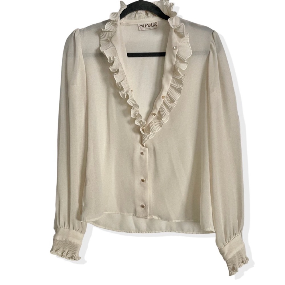 vintage 70s Malbe cream ruffle blouse, size 4 (small)